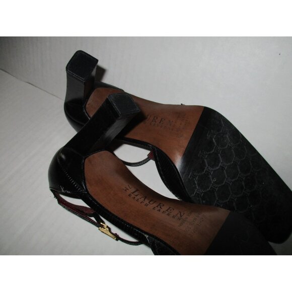 Ralph Lauren Black Leather T-Strap Heels Logo Buckles - Picture 7 of 7